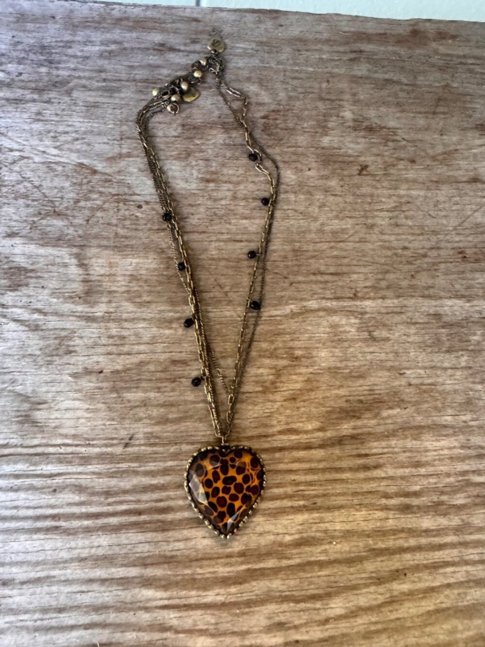 Betsey Johnson Leopard Print Heart Pendant Necklace Layered Chain Black Beads